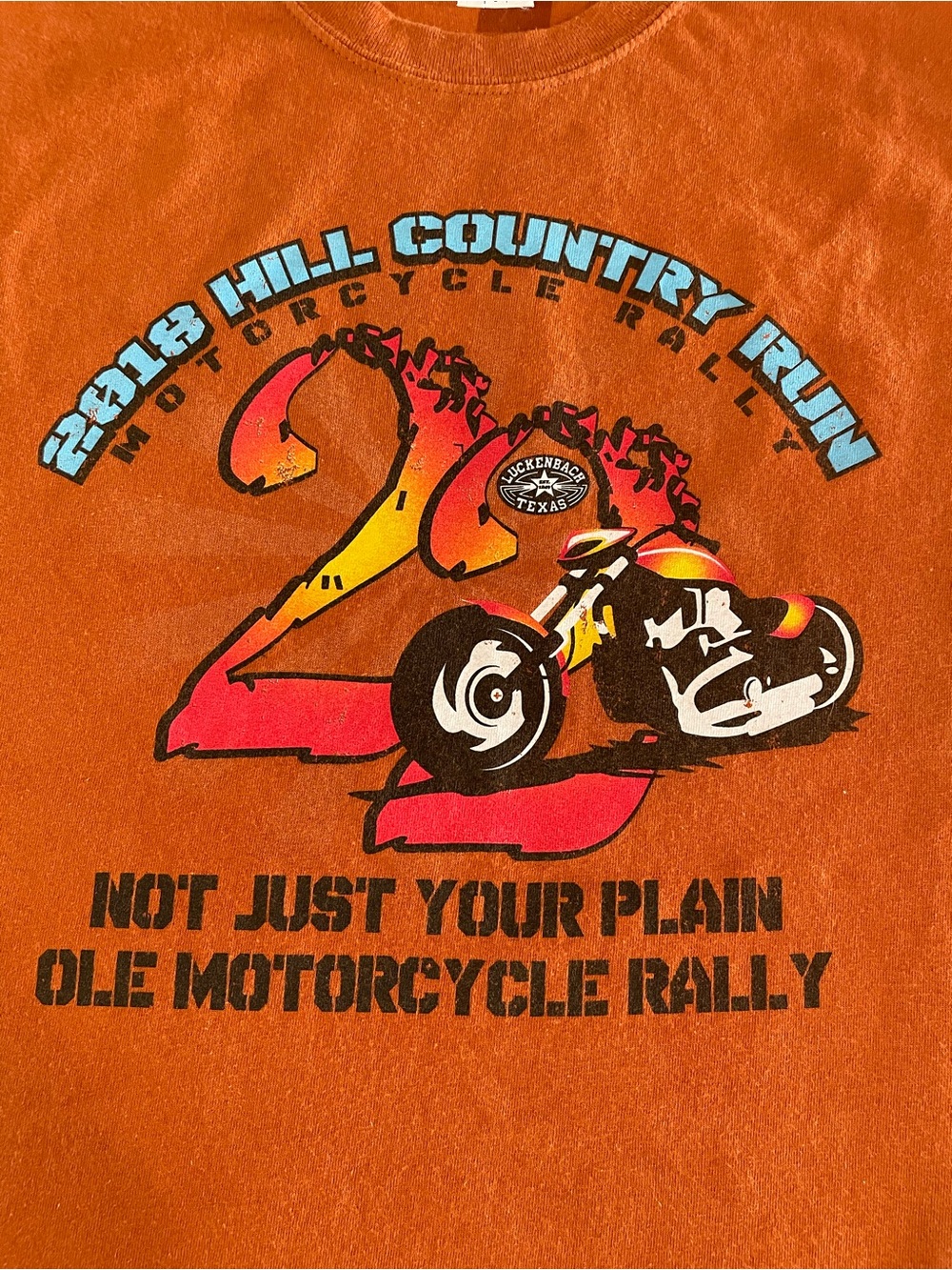2018 Hill Country Run Luckenbach TX Orange Motorcycle Rally Tee L